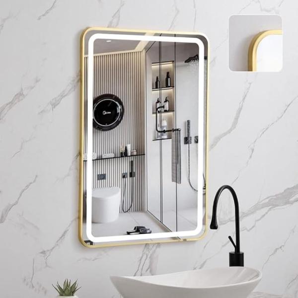 Siena Rectangle Led Mirror (80X60Cm Mirror With 3 Color Led And Gold Frame Modern Illuminated Mirror For Brighter And Stylish Bathrooms Bathroom With Modern Elegance (80x60cm Gold Frame)